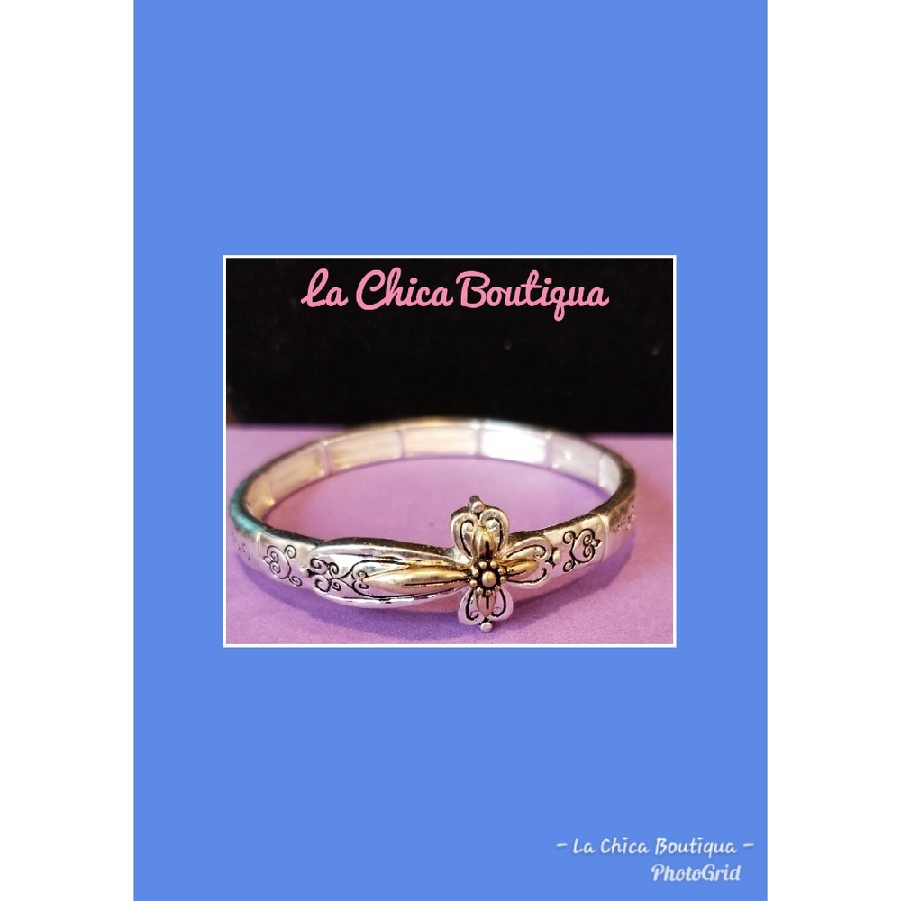 Silver/Gold Cross Serenity Prayer Stretch Bracelet